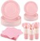 350 Pieces Pink Paper Dinnerware Set 7 Inch 9 Inch Disposable Dinner Plates Sever 50 Guests Paper Cup Cutlery Napkins Solid Color Party Supplies